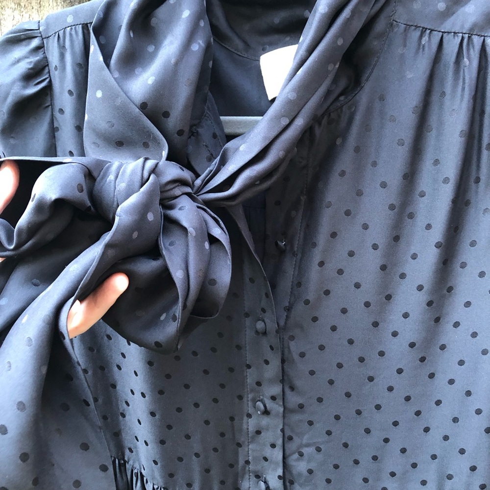 Sezane x Manoush Selena Silk Dress Size 38 Black Tie Neck Polka Dot Tiered - Picture 10 of 16